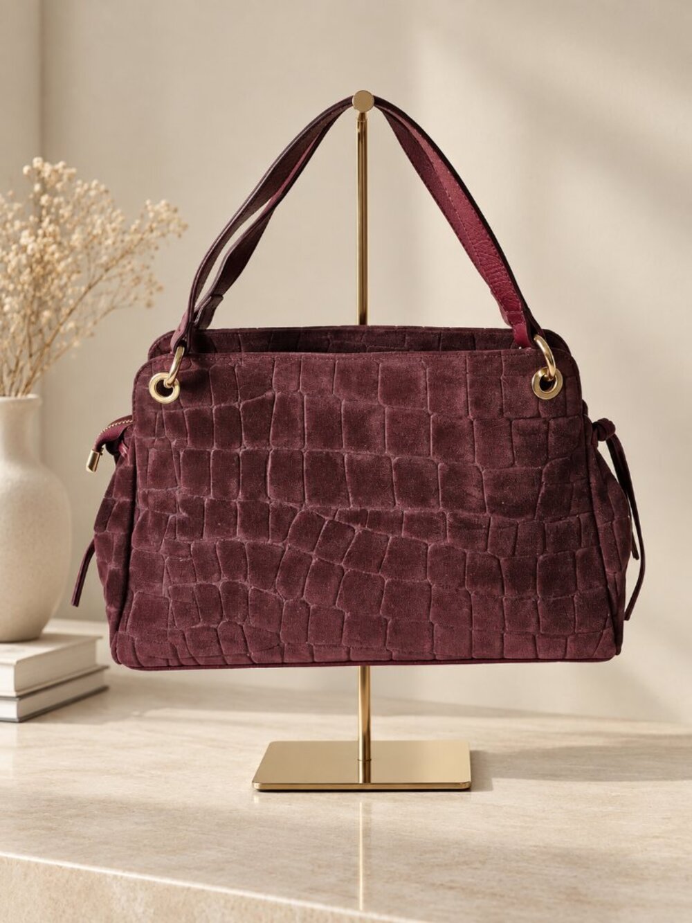 Burgundy Suede Shoulder Bag, Italian Leather Handbag, Croc Embossed Purse